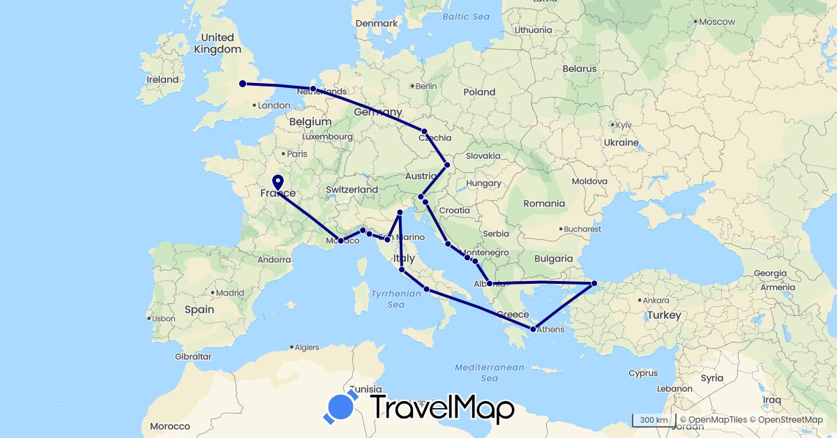 TravelMap itinerary: driving in Albania, Austria, Czech Republic, France, United Kingdom, Greece, Croatia, Italy, Montenegro, Netherlands, Slovenia, Turkey (Asia, Europe)